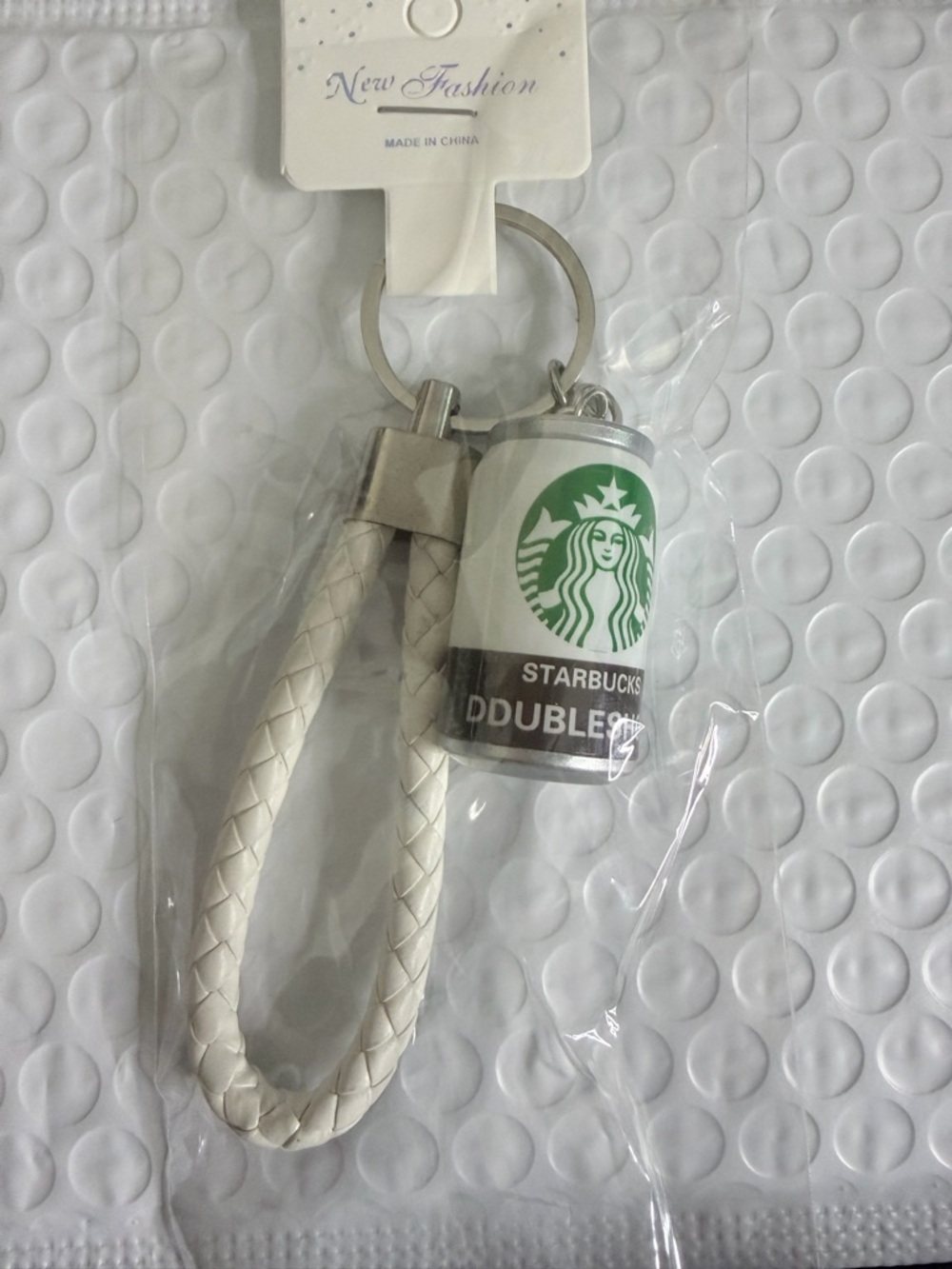 White Braided Wristlet Keychain with Starbucks Can Charm